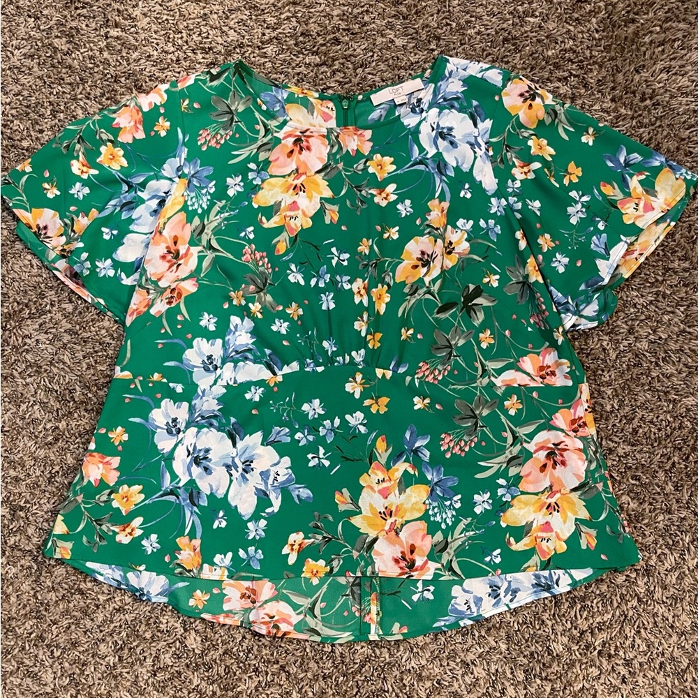 LOFT Green Floral Short Sleeve Top